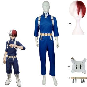 Cosplay todoroki shoto cosplay traje anime boku não meu herói academia roupas adultas halloween carnaval festa azul macacão vermelho branco peruca