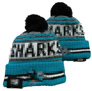 Men Knitted Cuffed Pom SHARKS Beanies Hats Sport Knit Hat Striped Sideline Wool Warm BasEball Beanies Cap For Women