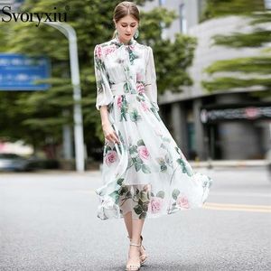 Svorexiu Runway Designer Summer Long Dress Women's Elegant Bow Collar Rose Flower Print Bohemian Holiday Chiffon Dresses Y200281o