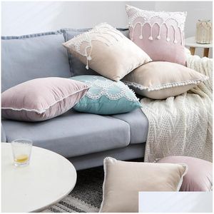 Cushion/Decorative Pillow Nordic Style Lace Fringe Pillowcase Home Pink Veet Er Girl Princess Room Sofa Bedside Ers Decorative Drop Dhy0K