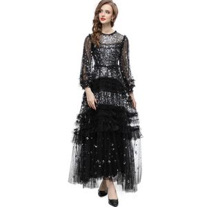 Women's Runway Dresses O Neck Long Sleeves Sequined Tulle Laid Over Elegant Desiger Party Gown Vestidos