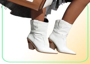 Adisputent Western kovboy botları kadınlar için sivri uçlu cowgirl kısa botlar orta beyaz kış kadın ayakkabıları18814128