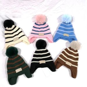 New Baby Stripes Knitting Hats Ushanka Brand Children Winter Cap Kids Beanies Big Ball 6 Colors For 2-8 Years Old