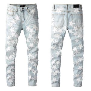 Jeans da uomo per ragazzi Pantaloni skinny slim fit strappati al ginocchio Toppe a stella che indossano Biker Denim Stretch Motorcycle Male Fit Trendy Long Str327D