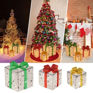 Party Decoration 3PCS Christmas Decoration Lighted Present Box Set Light Up Christmas Tree Kirt Ornament With Bow Christmas Indoor Outdoor Decor 231013