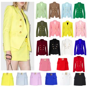 Women Two Pieces Dress Luxury Blazer Suit Skirt Set Office Outfit Big Buckle Short Skirts Long Sleeves Business Jacket S-XXL
