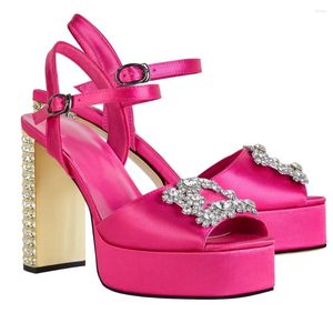 Sandálias femininas com fivela quadrada e strass, sapatos plataforma de verão, salto alto para mulheres sexy, salto bruto cristal 5