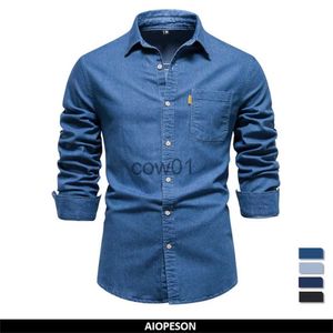 Herrjackor aiopeson Autumn New Cotton Men's Denim Shirt Solid Color Single Pocket Casual Long Sleeve Shirt Autumn Jeans Skjorta för män J231014