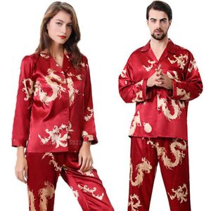 Conjunto de pijamas de cetim de seda feminino 2 peças manga completa calças superiores estilo chinês ano novo dragão impresso lounge masculino pijamas de casal 263k