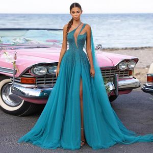 Gorgeous Beaded Prom Dresses Sequined Side Split Evening Gowns One Shoulder Plunging Neckline Sweep Train Special Occasion Formal Wear