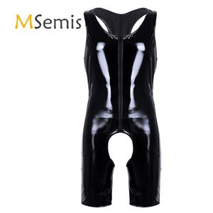 Мужские формы тела черно -мужское белье белье для мокрой тела Патентная кожаная рукавица передняя молния без промежности.