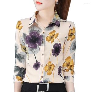 Women's Blouses Floral Print Women Tops Casual Turn Down Collar Button Long Sleeve Loose Chiffon Shirt Elegant Spring Office Lady Blusas