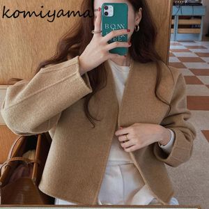 Kvinnors blandningar Komiyama V Neck Långärmrockar Autumn Winter Vintage Elegant Jacket Fashion Casual Clothes Ins Warm Outfits 231013
