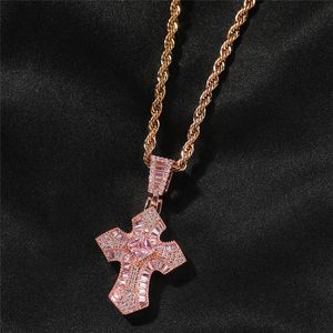 Hip Hop Iced Out CZ Small Cross Pendant Necklace Gold Sier Rose Plated Bling Jewelry Gift