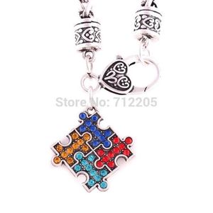 10PCS Wheat Link Bracelet Chain with Autism Hope Multi-Colored Crystal Puzzle Pendant with Lobster Claw Bracelet278i