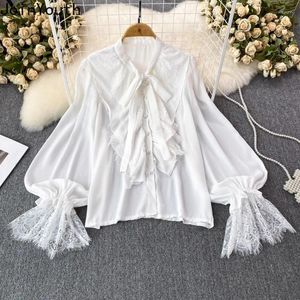 Kvinnors blusar Summer Women Shirts 2023 Blusas Mujer de Moda Lace Blare Sleeve Bow White Loose Temperament Vintage Blus Tops 27R141