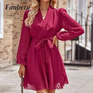 Casual Dresses Fashion Solid Color Striped Lace-Up Mini Dress Elegant Office Ladies Commuter Autumn Seheugh Long Sleeve V Neck