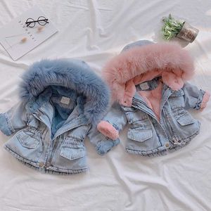 Down Coat 2023 Winter Baby Girl Denim Jacket Plus Velvet Real päls varm småbarn flicka yttre kläder 4-12 år barn spädbarn flicka parka j231013