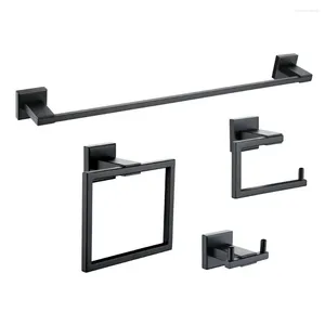 Bath Accessory Set MaBlack Wall Mount Stainless Steel 4-Piece Bathroom Towel Bar Toilet Paper Holder Ring And Robe Hook-