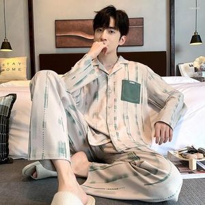 Mäns Sleepwear 2023 Korean Cotton Cardigan Pyjamas Set Long Sleeping Top Pant Homewear Wid Down Collar Youth Boy Freeship