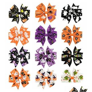 Accessori per capelli Neonate 3 pollici Fantasma Zucca Halloween Nastro in grosgrain Archi con clip Girandola Clip Tornante Barrettes Beautif Dhbuv