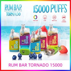 RUM BAR TORNADO 15000 Red Light 22ML of E-Liquid Mesh Coil Type C Charger Integrated 850mah Battery crazvapes