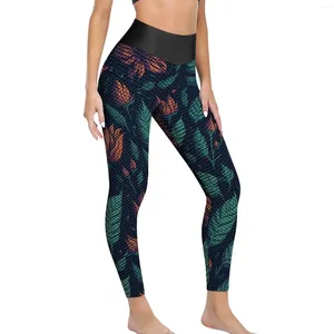 Active Pants Green Leaf Leggings Red Flowers Print Design Yoga Push Up Fitness Lady Aesthetic Quick-Dry Sport