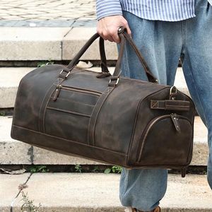 Duffel Bags Couro Vintage Travel Bag Molhado e Seco Com Compartimento de Sapato Ginásio Genuine Tote Bagagem