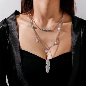 Naszyjniki wiszące bohemia vintage naszyjnik dla kobiet turkusowy koralik błyszcząca cekinowa biżuteria wielowarstwowa liść liść plemienne akcesoria w stylu etnicznym