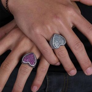 Pink White CZ Stone Paved Bling Out Heart Shape Men Women Rings White Gold Color Big Wide Hip Hop Ring Jewelry Size 7-11 Band236t