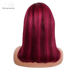 Ombre luz rosa escuro destaque tpart bob peruca peruano virgem cabelo humano sedoso em linha reta 150% 180% 210% densidade