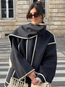 Women's Wool Blends Vintage Woolen Jacket Women Fashion Tassel Jacket med Scarf Fe Winter Casual Loose Single Breasted Overcoat Warm Coatsl231014