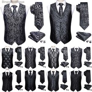 Men's Vests Elegant Mens's Vest Silk Black Silver Pasley Floral Dress Suit Waistcoat Tie Bowtie Set Sleeveless Jacket Formal Barry WangL231014