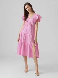 Mulheres sleepwear hiloc rosa v pescoço plissado pijama vestido de manga curta noite mulheres camisola solta camisola meados de bezerro 2023