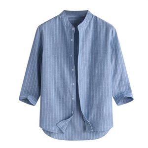 T-shirt da uomo Casual Stand Camicia estiva con bottoni sulla manica superiore Camicetta con colletto a 7 punti a righe in cotone Mens2207