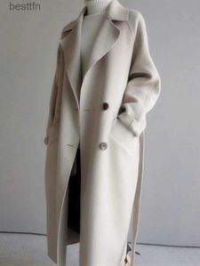 Mulheres misturas de lã bege jaqueta de lã feminina outono inverno casual lapela casacos longos fe elegante vintage coreano moda solta oversized overcoatl231014