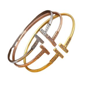 Stainless Steel silver cuff bracelet microscope zircon double T letter opening 18 k rose gold plated bracelets bangle for women fashion jewelryQ6