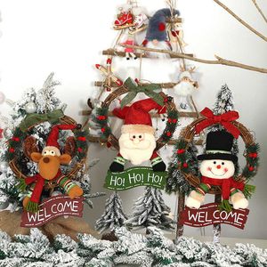 Factory Outlet New Christmas decorations Christmas cartoon fabric doll holding sign rattan ring Santa Claus elk wreath doorring