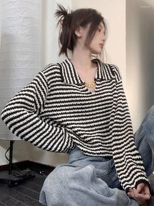 Women's T Shirts Black White Striped Sweater Women Korean Stylish Long Sleeve Knitwear Ladies Casual Loose Chain Design Female Knitted