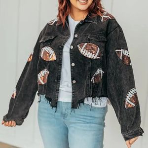 Women's Jackets Black Football Sequin Corduroy Jacket Stadium Style Football Season Retro Turn-Down Collar Autumn Jacket For Women 231013