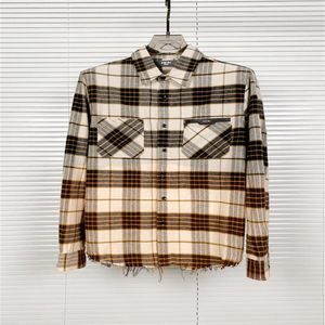 Camisa jeans masculina de manga comprida com borlas de tinta salpicada e camisa xadrez com borda crua, ajuste solto, hip-hop, moda neutra r332