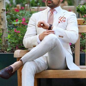 Men's Suits Ivory Linen Men 2023 Wedding Man Blazers Casual Prom Party Groom Tuxedos 2Pieces Slim Fit Costume Homme Terno Masculino