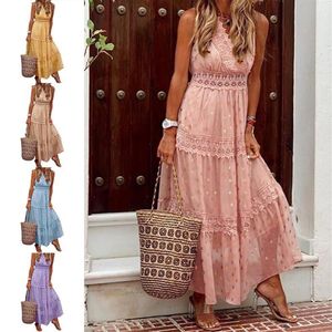 Casual Kleider Frauen Mode Sexy Maxi Kleid Sommer Strand Urlaub Polka Dots Boho Häkelspitze V-ausschnitt Damen Ärmellose Slip2293