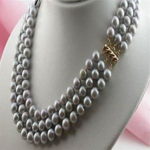 NUOVA COLLANA DI PERLE grigio argento tahitiano a 3 FILO 8-9MM 16-18 271M