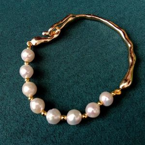 Bangle KKGEM 7-8mm Freshwater Cultured White Pearl Bracelet Natural Pearl Gold Plated Bangle Bracelet 231013