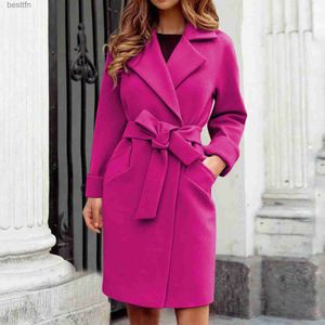 Women's Wool Blends Women Hot Pink Trench Coat Casual Mid Long Overcoat Lapel Open Front Cardigan Outwear Woolen Boot Winter Jackets for WomenL231014