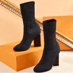 Designer autumn winter socks heeled heel boots fashion sexy Knitted elastic boot Alphabetic women shoes lady Letter Thick high heels 35-42