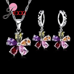 Wedding Jewelry Sets 5 Color Petal 925 Sterling Silver Pendant Necklace Earrings Ear Bridal Cubic Zirconia Crystal 231013