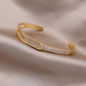 Bangle 2023 Korean Design Fashion Jewelry 14K Gold Plated Simple Zircon Open Armband Elegant Women's Daily Work Accessories