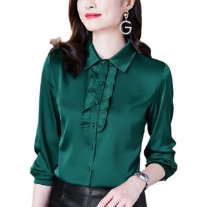 Green Satin Blouse for Woman Designer Long Sleeve Shirts Office Ladies Ruffle Lapel Formal Button up Shirt 2023 Autumn Winter Versatile Runway Solid Silk Blouses Top